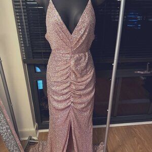 Pink Sequined High Middle Slit Thin Strap Maxi Homecoming Prom Mermaid Dress